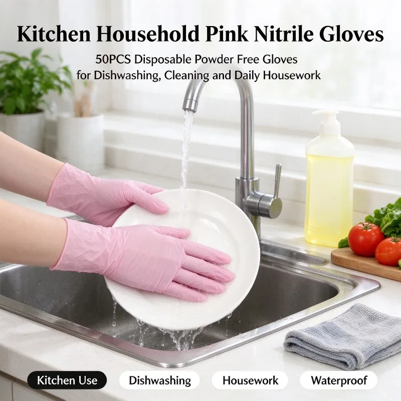 50PCS Light Pink Disposable Nitrile Gloves Household Cleaning Daily Tasks Home Chores DIY Crafts General Cleaning Supplies Home