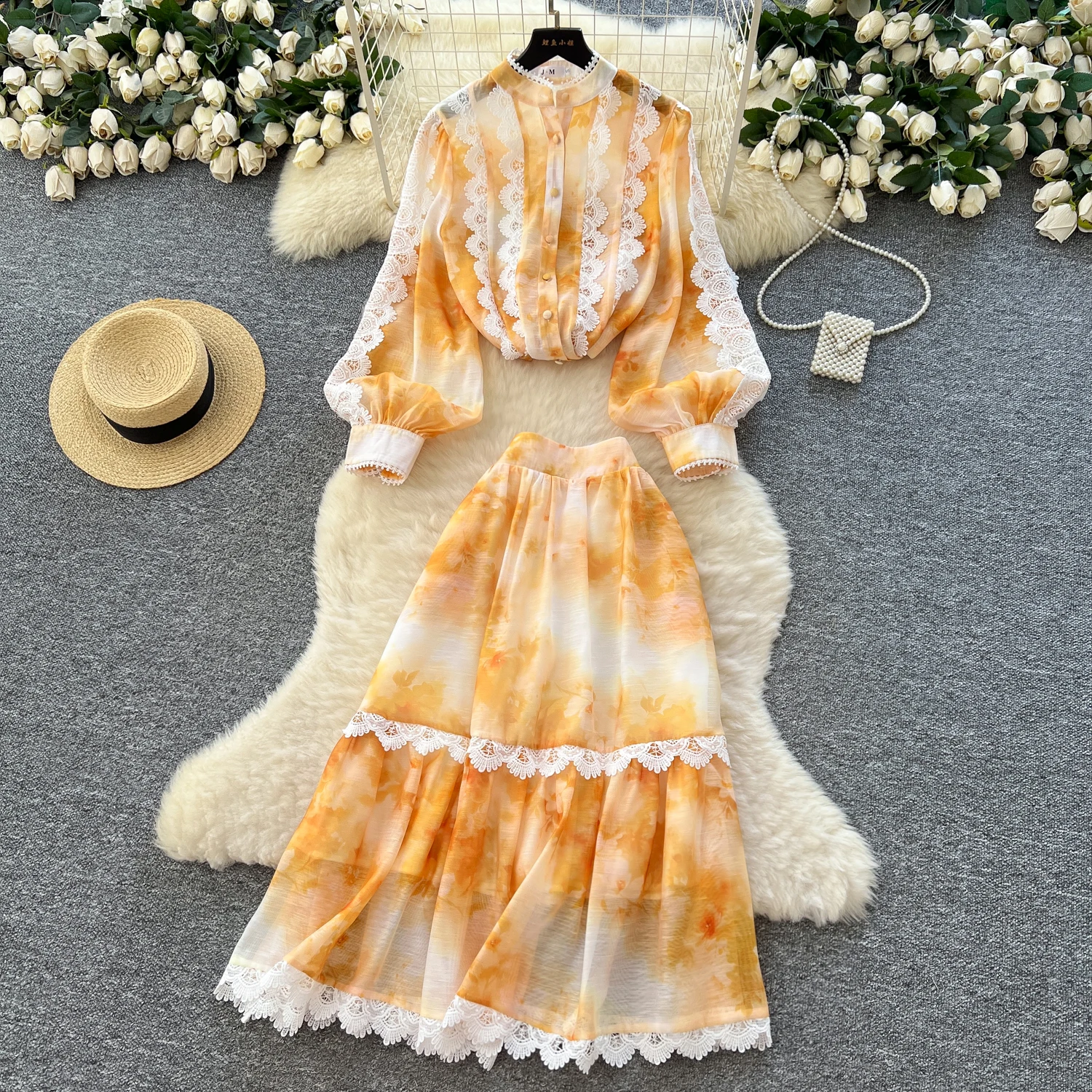 

Chic vintage lantern sleeve long sleeve lace korean fashion autumn winter women clothing dress Two Piece Set