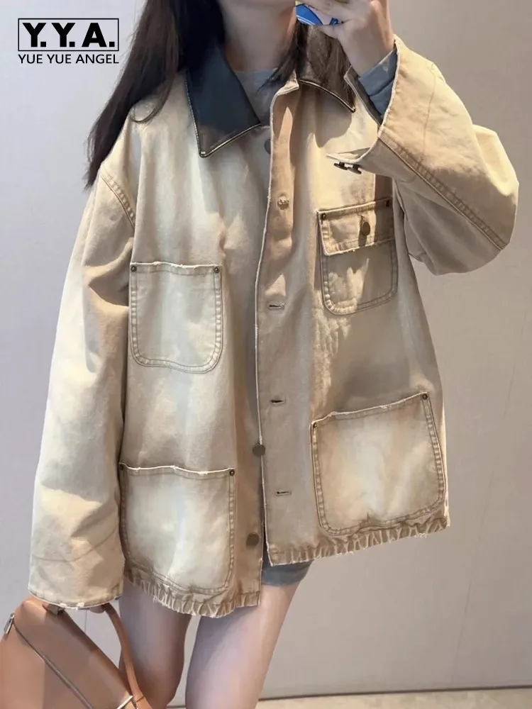 جديد ملابس العمل نمط جلد البقر تقسم الدنيم الرجعية المرأة سترة متعددة جيب معطف الخريف الشتاء شيك السيدات فضفاضة تناسب ملابس خارجية