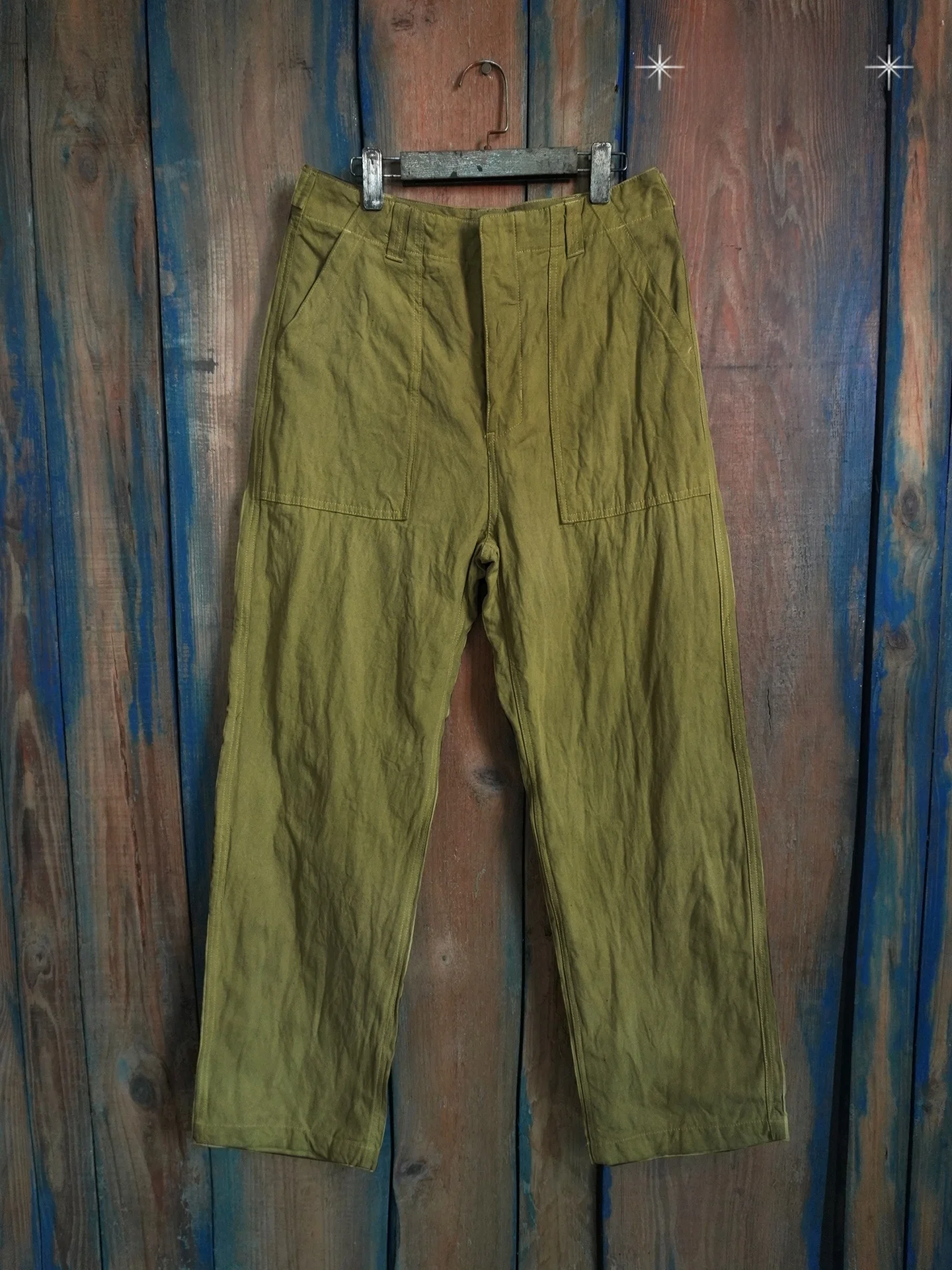 American Retro Heavyweight Pure Cotton Olive Green Casual Pants Handmade Plant Dyeing Straight Leg Workwear Trousers