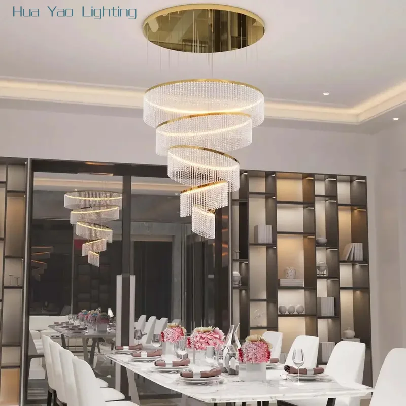 Large Crystal Chandelier Ring For High Ceiling Modern K9 Crystal Raindrop Chandelier Round Staircase Foyer Villa LED Dimmable