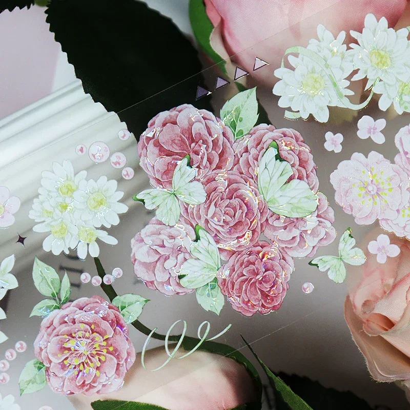 Beautiful Pink Floral Shiny Pet washi masking tape Collage Journal Decoration