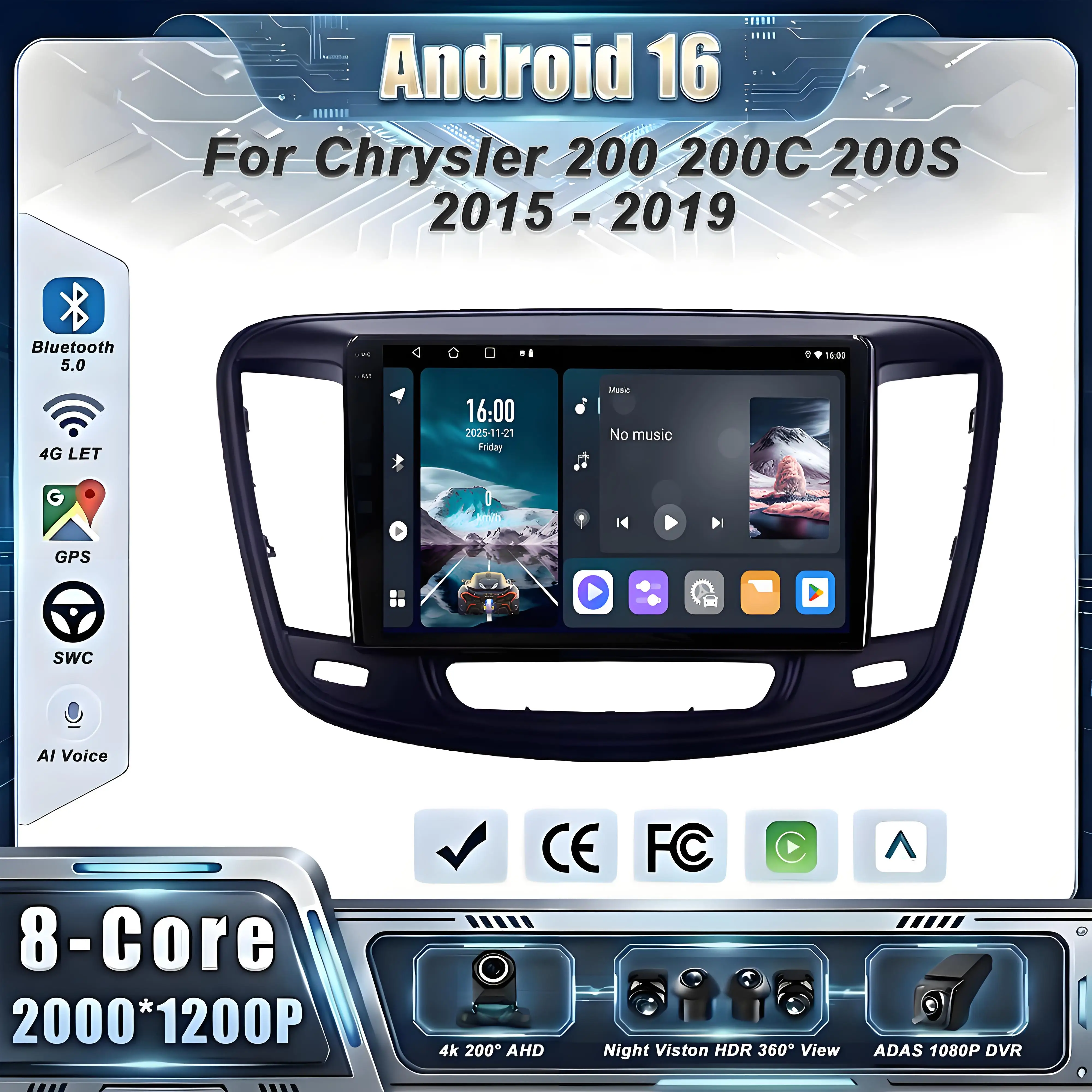 Car GPS Android 16 For Chrysler 200 200C 200S 2015 - 2019 Auto Radio Stereo Multimedia Player Head Unit No 2din DVD QLED Touch