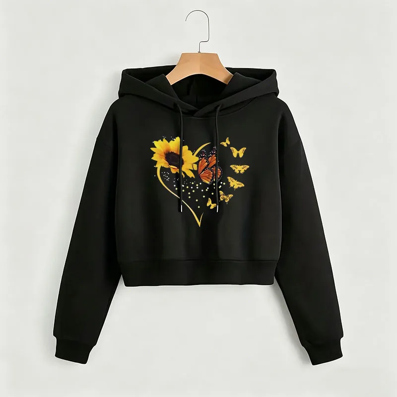

Y2k Funny Butterfly with Floral Print Autumn Winter Cropped Sweatshirt Crop Top Hoodie Sweatshirts Gothic Casual Style Clothes