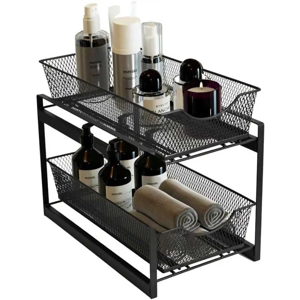 

2 Tier Bathroom Organizer with Pull Out Der, Under Sink Storage Organizer or Kitchen Cabinet, Metal Sliding Basket (Black)