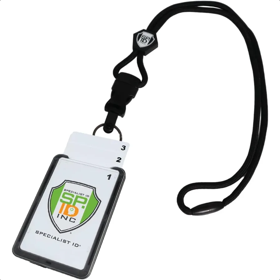 

Vertical Top Load Three Card Badge Holder Hard Plastic with Heavy Duty Breakaway Lanyard w Quick Release Metal Clip Key Ring On