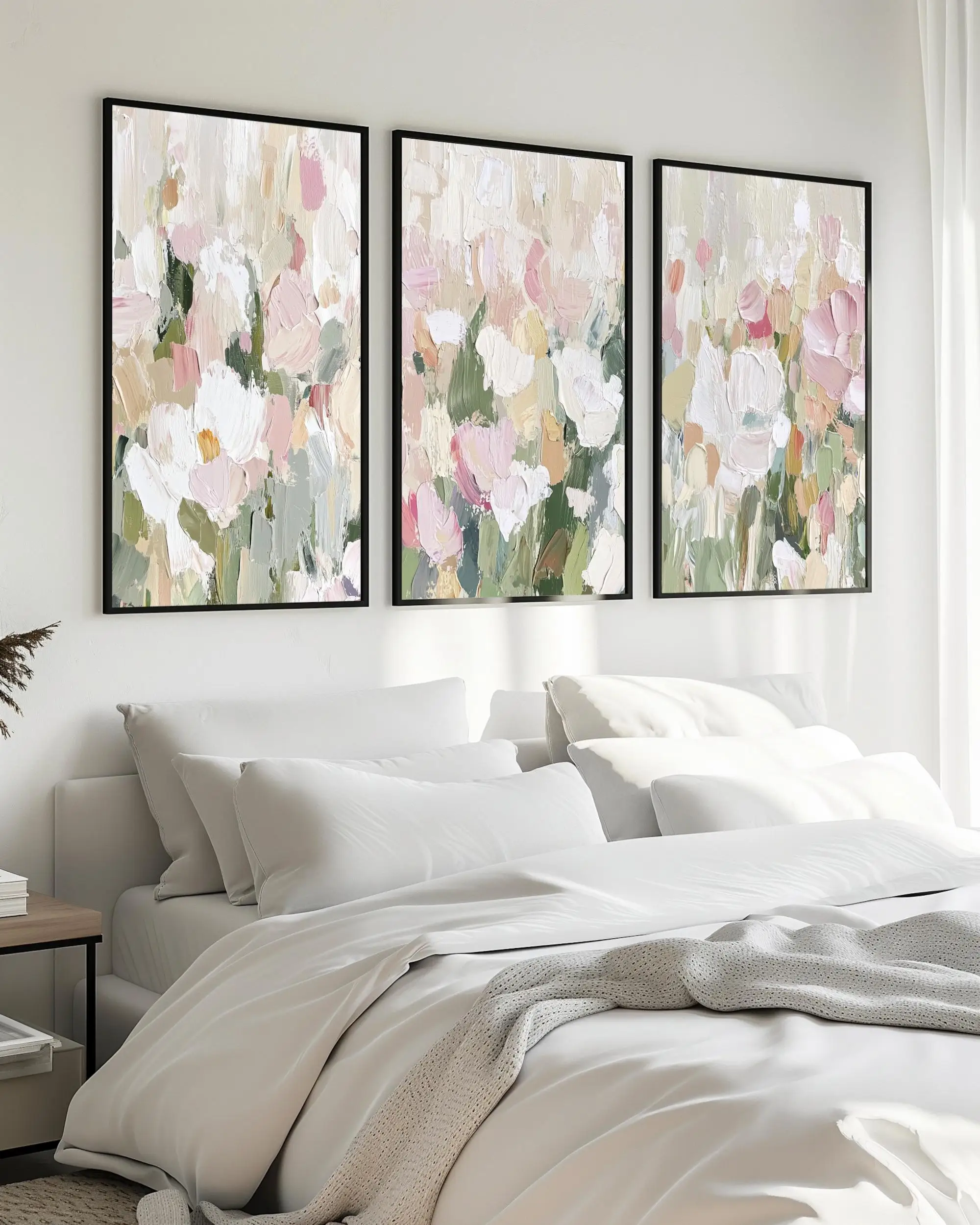 3PC frameless Impasto Textured Abstract Floral Wall Art Set, Soft Pink White Neutral Palette Knife Canvas Prints, Minimalist Boh view 4