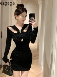 Ezgaga Sexy Dresses Women Fashion Long Sleeve Hollow Out Slim Black Elegant Dress Ladies Party Vintage Temperament Chic Vestido