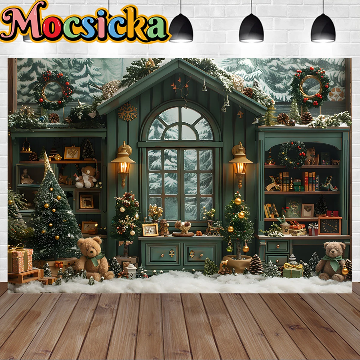 

Window Background Photography for Christmas Green Gift Bookshelf Light Bear Room Backdrop Xmas Tree Kids Baby Show Winter Photo