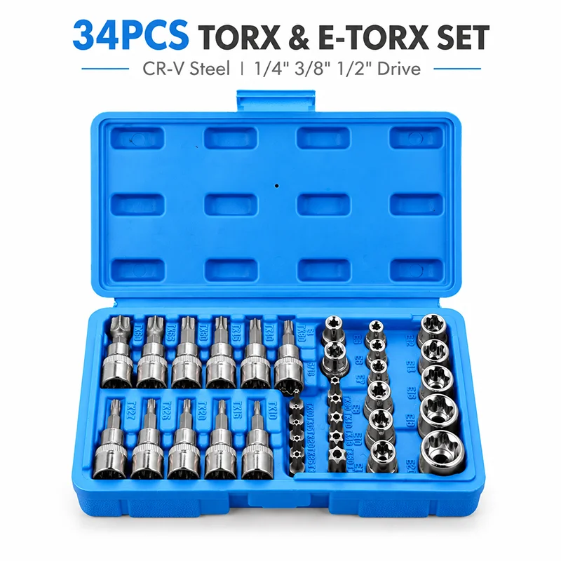 E-Torx Socket Set 34Pcs Torx Bit CR-V Steel 1/4 3/8 1/2 Drive Male Female Auto Repair Tool Kit with Storage Case Professional