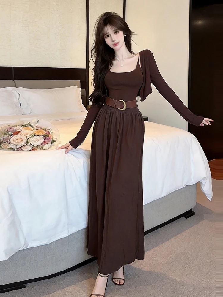 Retro Style Long Sleeve Open Cardigan Slim Fit U Neck Pleated Inner Wear Dress Set Casual Versatile Women's Fashion Ensemble