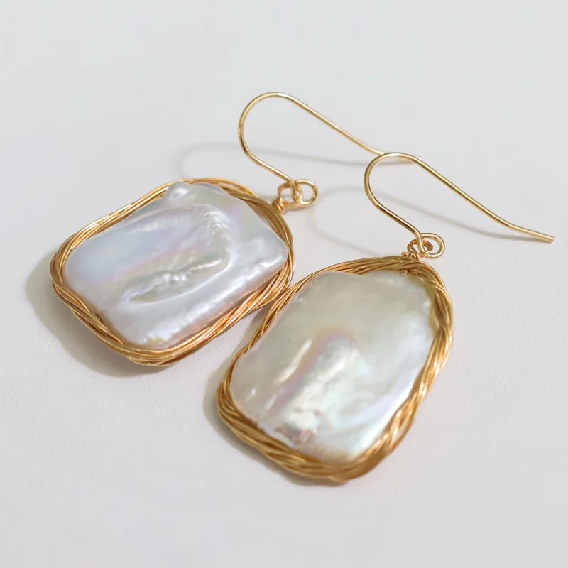 

SGARIT Classic Pearl Jewelry 14k Filled Gold Natural Square Aurora Baroque Pearl Drop Earrings Jewellery