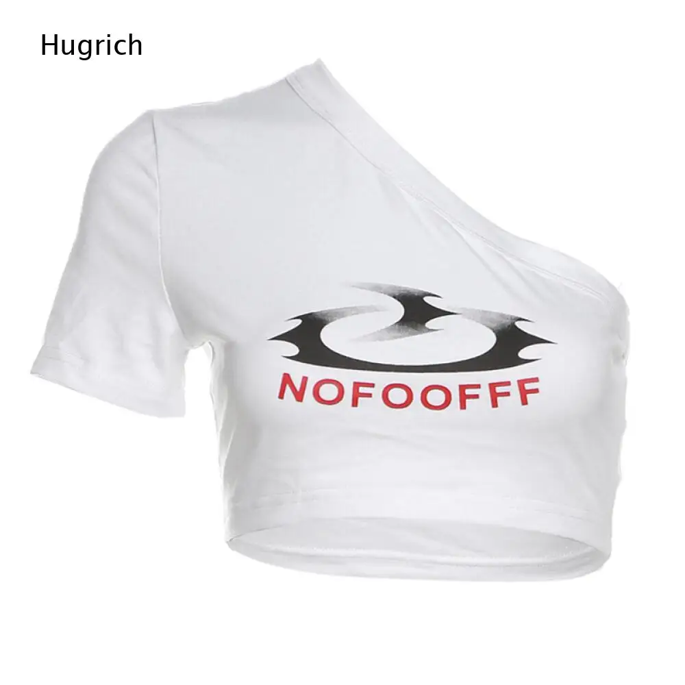 Asymmetric One Sleeve Graphic Crop Tee Women White Flame Red Letter Slim Short Y2K Streetwear Top