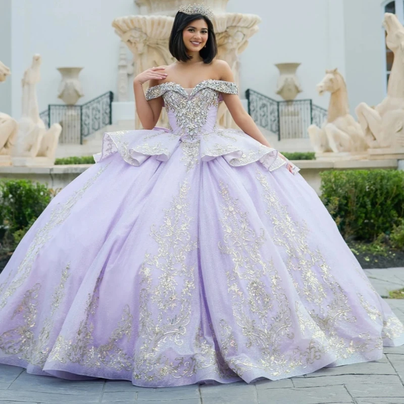 

Lavender Shiny Quinceanera Dresses Ball Gown Off The Shoulder Applique Lace Beading Crystal Tull Corset Party Birthday Sweet 16