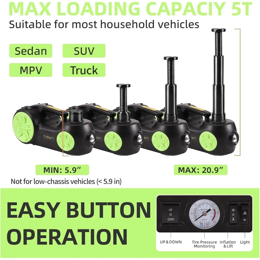 12V Portable Electric Hydraulic Car Jack Kit with 5 Ton Capacity, 20.9 Inch Lift Range, Impact Wrench, and Tire Inflator