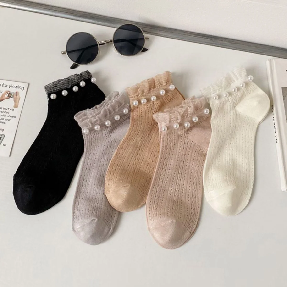 

5 Pair/Lot Mesh Breathable Fashion Lace Socks Women Kawaii Pearl Decoration Short Socks Female Spring Summer New Sokken Femme
