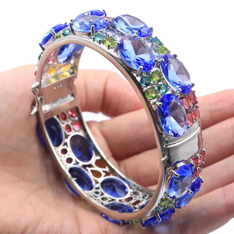 24x20mm Eye Catching Big Size 51.2g Green Amethyst Smokey Topaz Violet Tanzanite Peridot Silver Bangle Bracelet Length 7.5inch