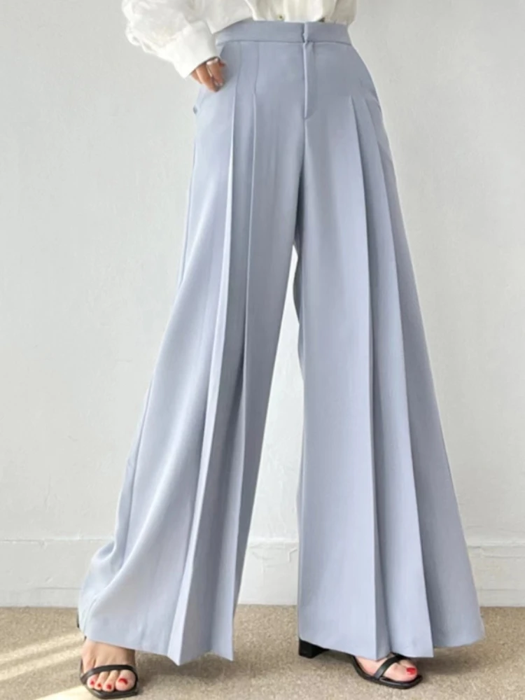 

Fashion New Women Vintage Casual Pleated Pants High Waist Elegant Solid Wide-Leg Trousers Female Party Baggy Chic Pantalons