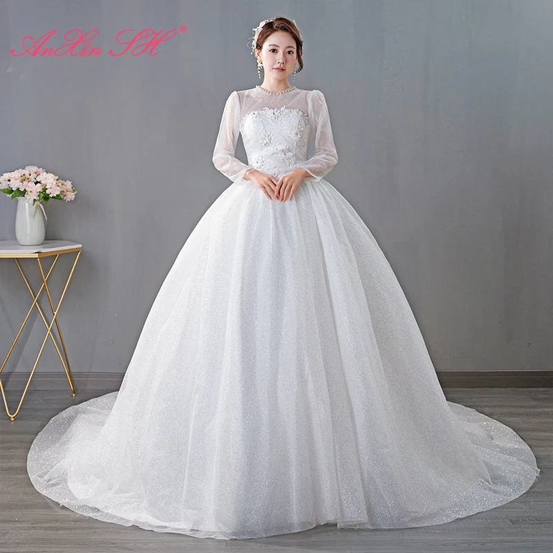 AnXin SH princess white flower lace vintage o neck beading pearls illusion long sleeve ball gown customized wedding dress