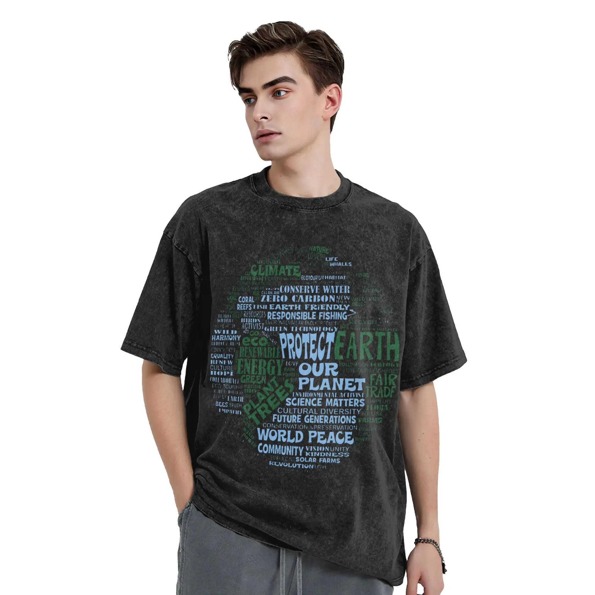 Washed T Shirt Save Earth - Protect Earth - Word Cloud T-Shirts Harajuku  Streetwear Short Sleeve Summer Tops Tees for Men Women