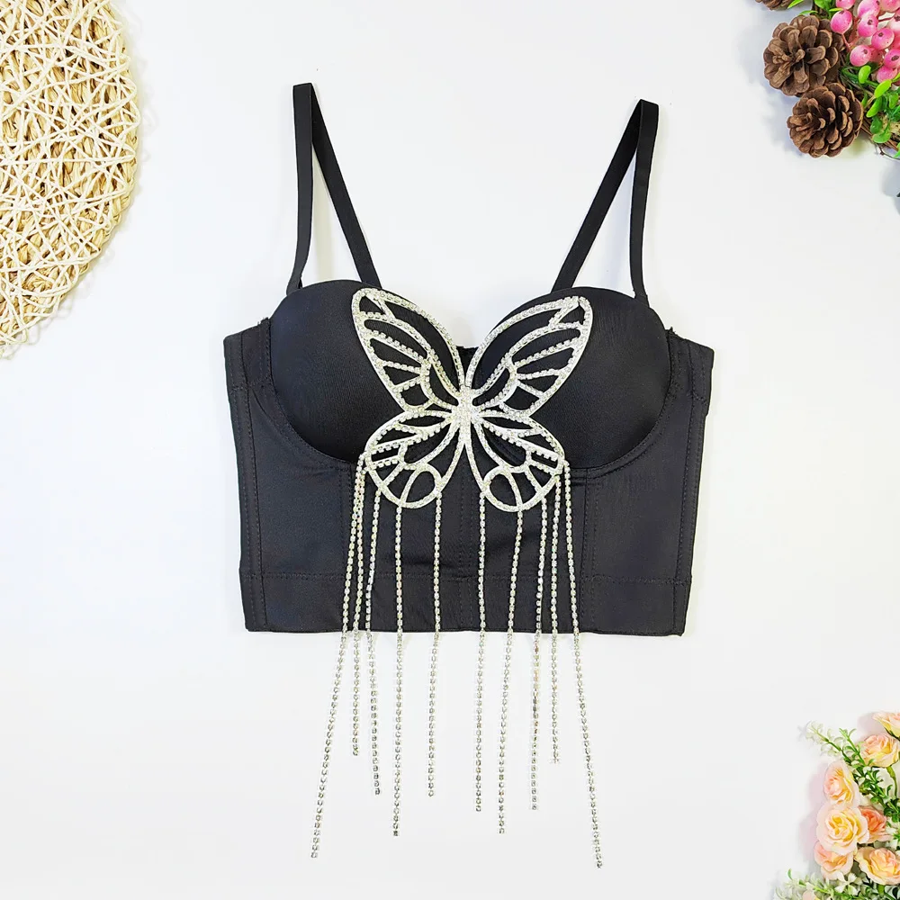 Abstract Three-Dimensional Beaded Tassel Sling Vest Outer Wear Steel Ring Body Shaping Fishbone Tube Top
