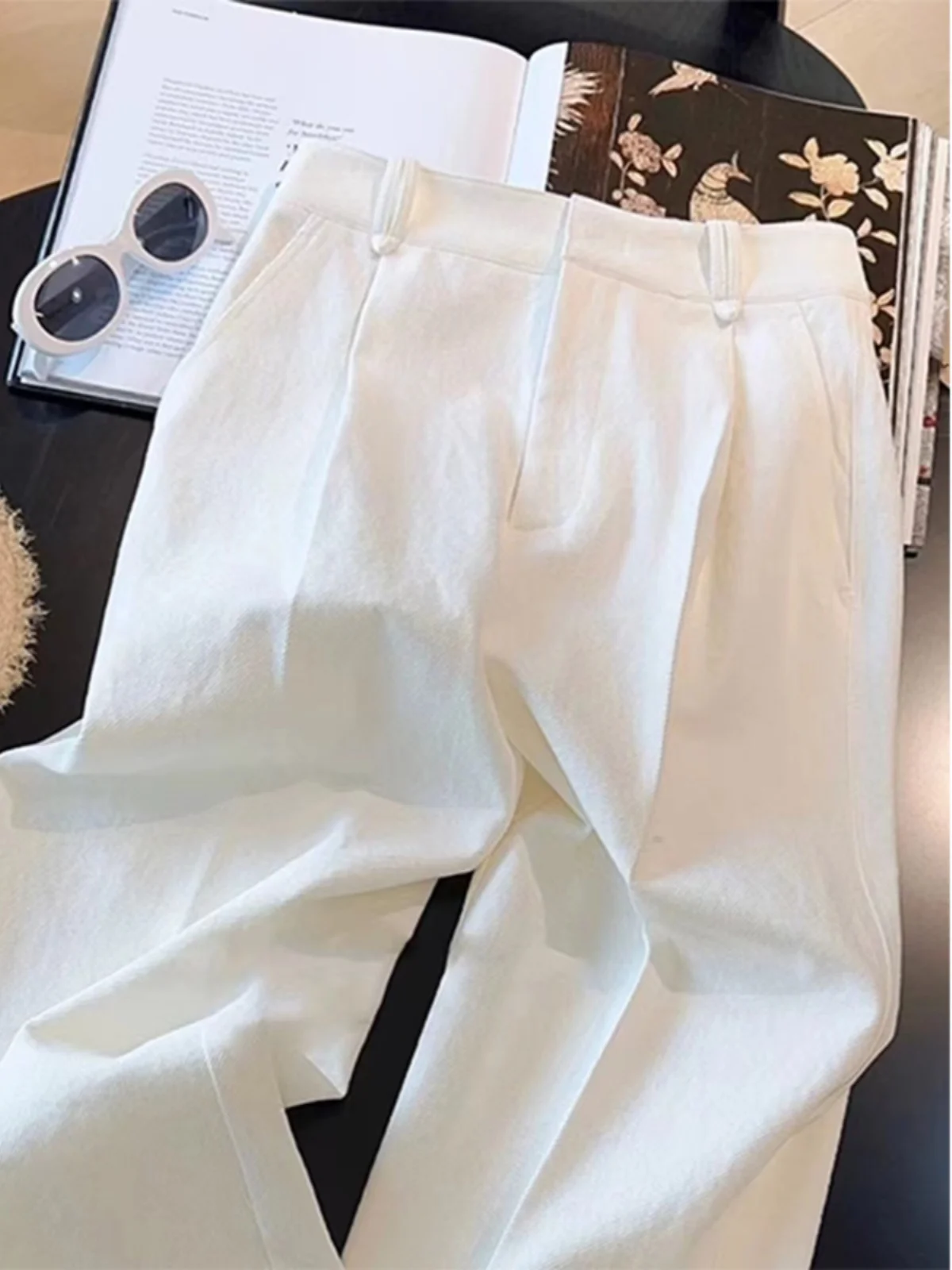 ハイウエスト ワイドレッグ スーツパンツ レディース 夏 小さいサイズ ゆったり 着痩せ ドレープ ストレート カジュアル ロングパンツ 多用途 ホワイト