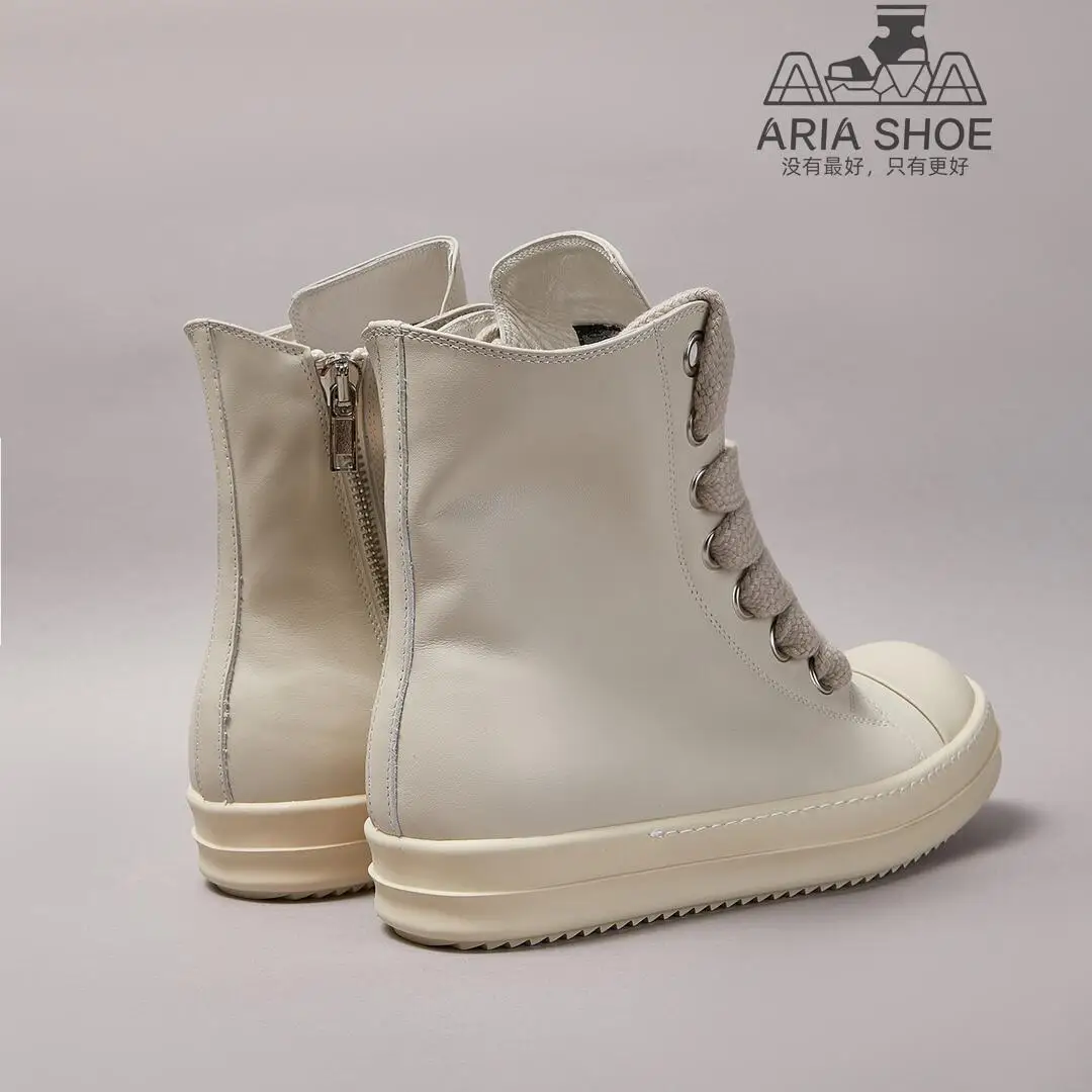 Ricks Men Shoe Thick Shoelaces Ivory White Leather High Top Sneakers Owens Women Shoe Lace Zipper Owens Luxury Casual Ankle Boot