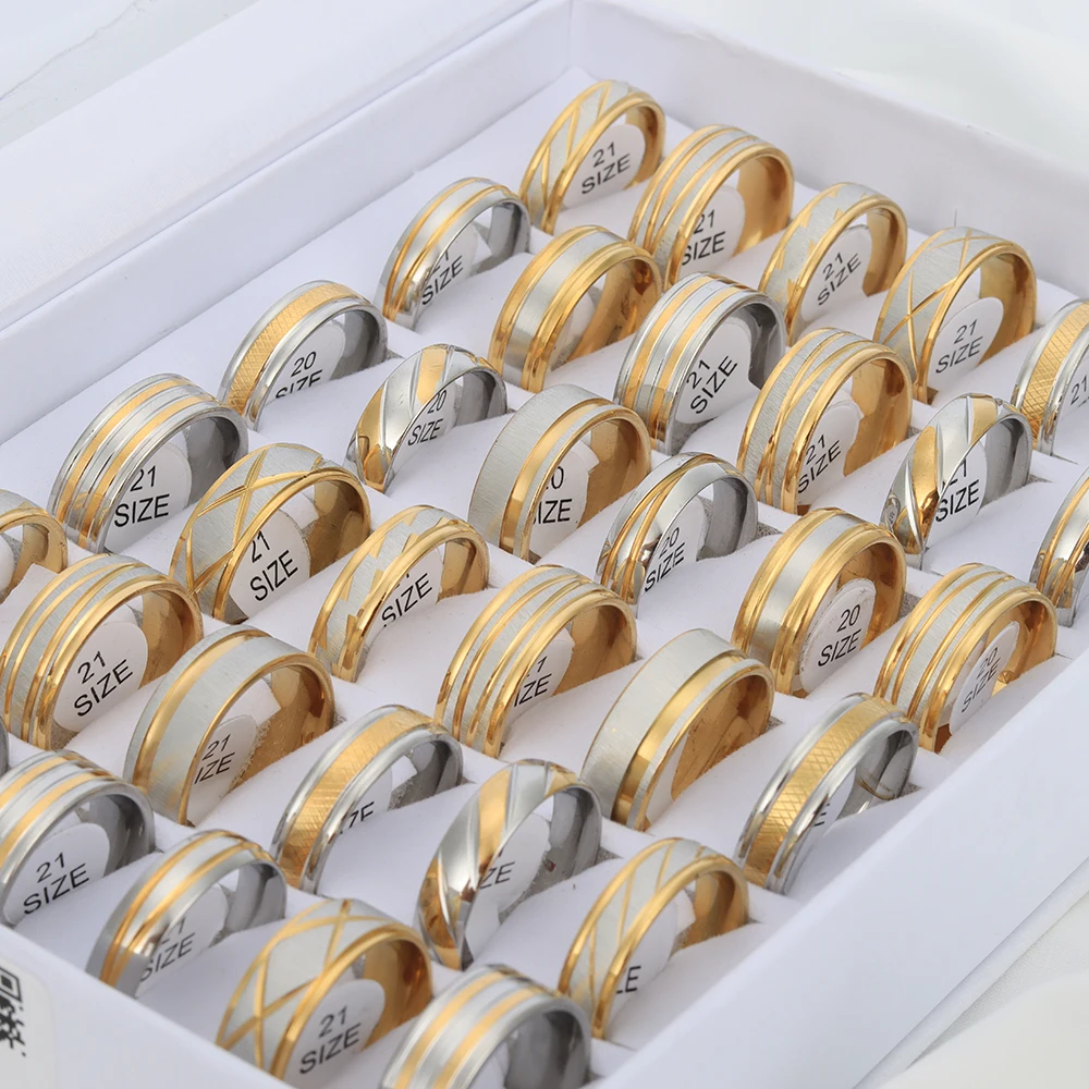 24pcs/lot Fashion Stainless Steel Stripe Gold Color Rings For Men Mix Style Party Gifts Jewelry Wholesale