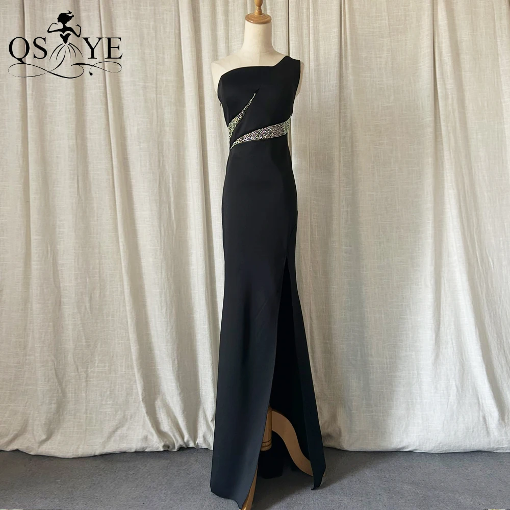 

One Shoulder Black Evening Dresses Hot Drill Waist Stretch Satin Split Prom Party Dress Beaded Sequins Fit Woman Party Gown