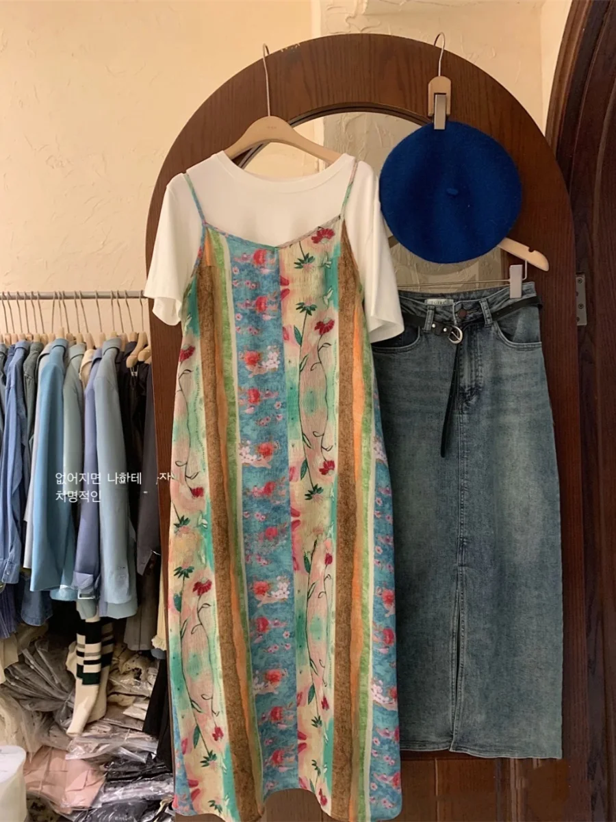 الصيف ماتيس سلسلة مطبوعة تنورة طويلة الدكتور الشيفون حمالة ثوب عالية الخصر ألف خط V-Ne No-Sve ثوب طباعة الأزهار