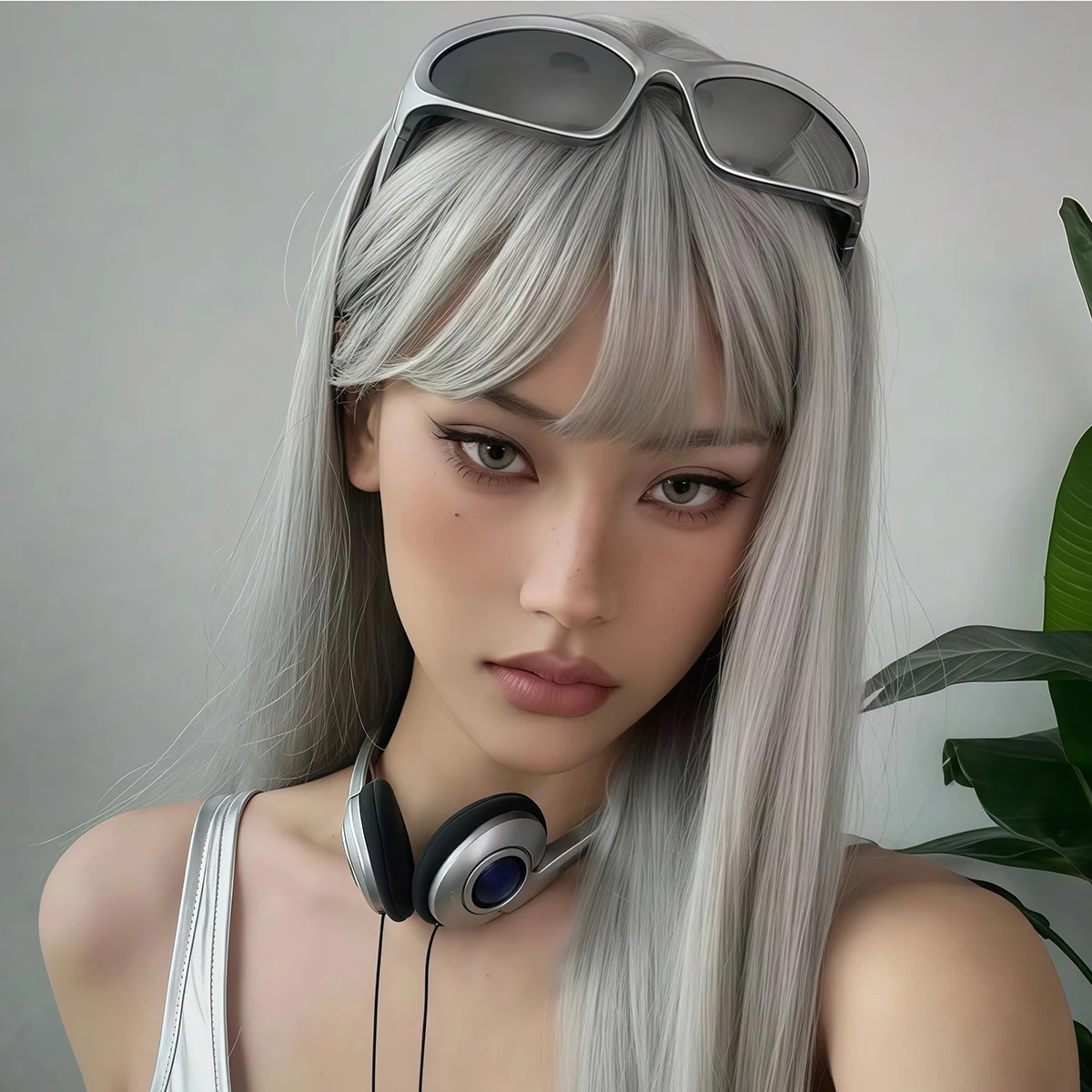 Silver Grey Straight Long Synthetic Wig for Women with Thick Bangs Smooth Silky Texture Harajuku Gothic Style for Anime Cosplay image 2