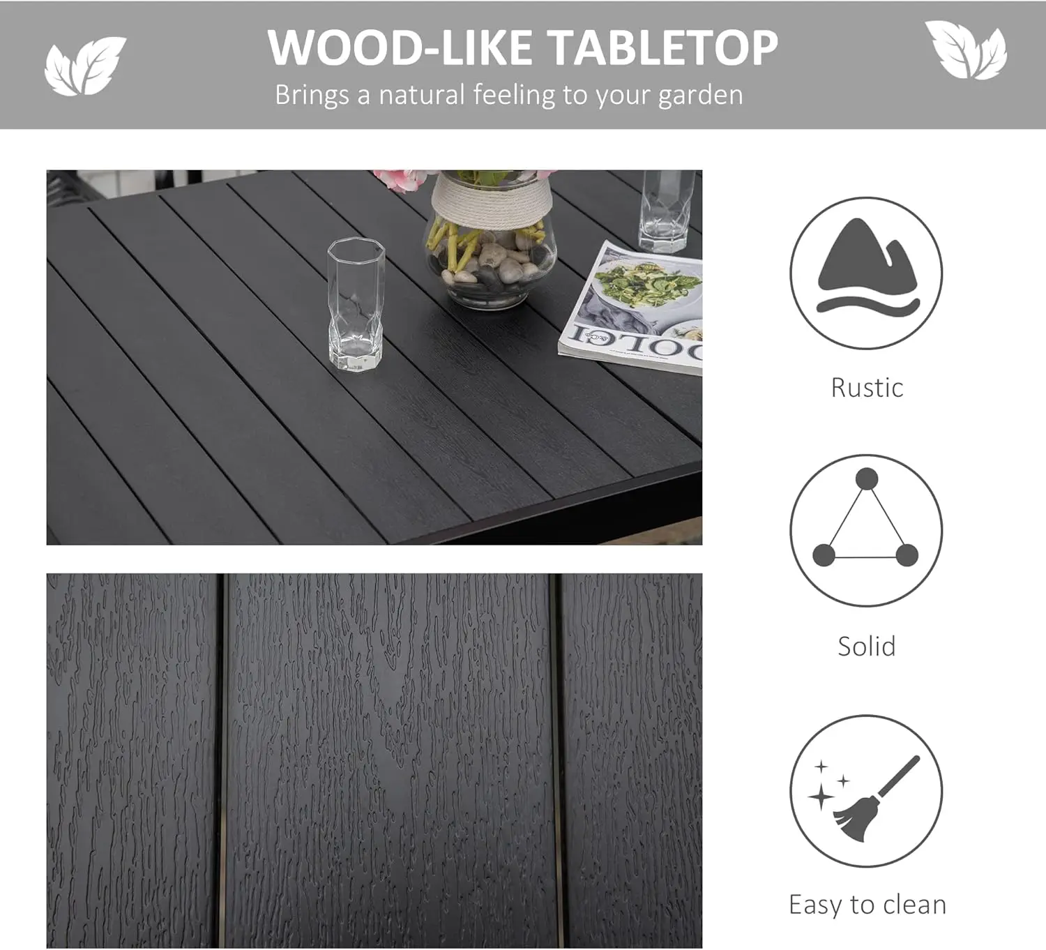 Table for 6 Person, Rectangular Patio Table, Aluminum Metal Legs for Garden, Lawn, Patio, Woodgrain Black