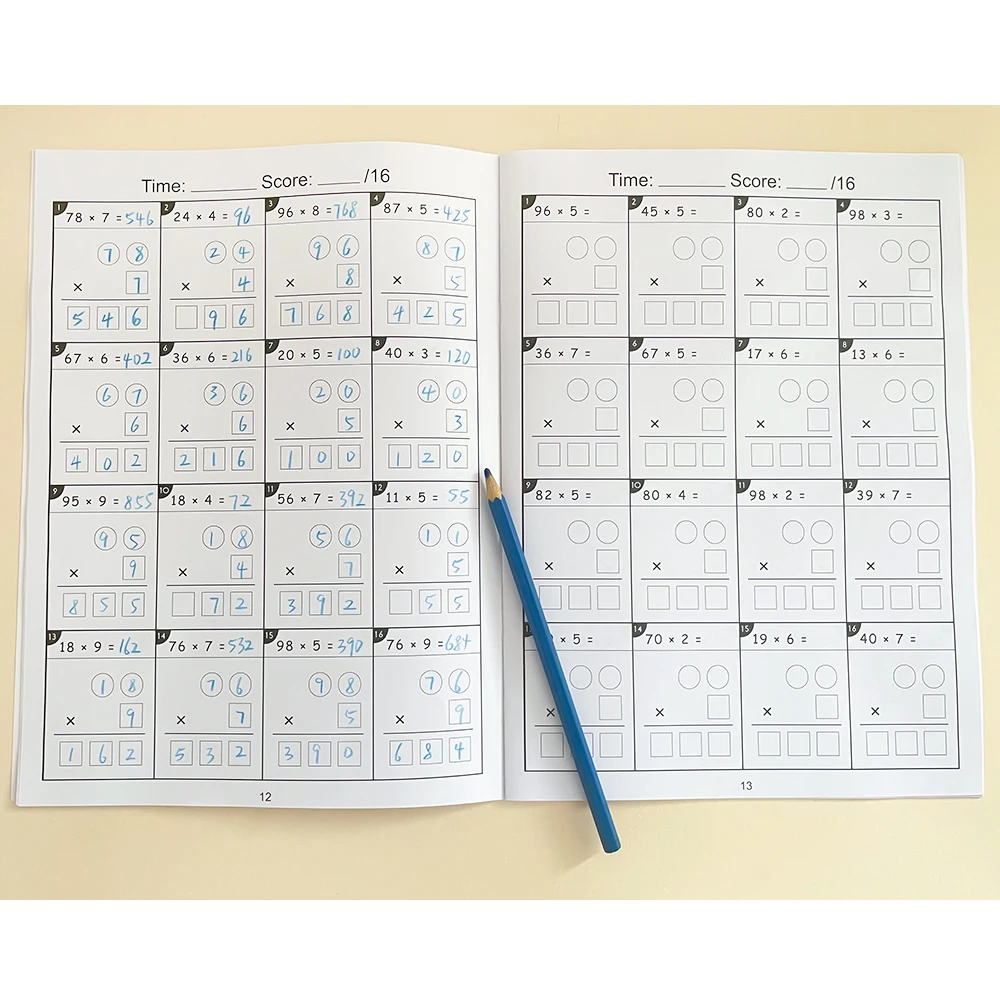 掛け算数学ワークブック、3〜4年生の小学校向けの算術教育教材、認知トレーニング、テストブック、2桁