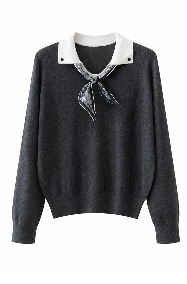 ML62115 Damen-Pullover mit Polokragen, Langarm, Strickpullover mit Kontrastkragen, Modal-Mischung mit Schal, lässiger Pullover für den Frühherbst – Detail 8