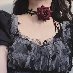 Red Black Rose Flower Choker Necklace For Women Gothic Velvet Collar Necklace Adjustable Long Chain Punk Dark Lolita Jewelry