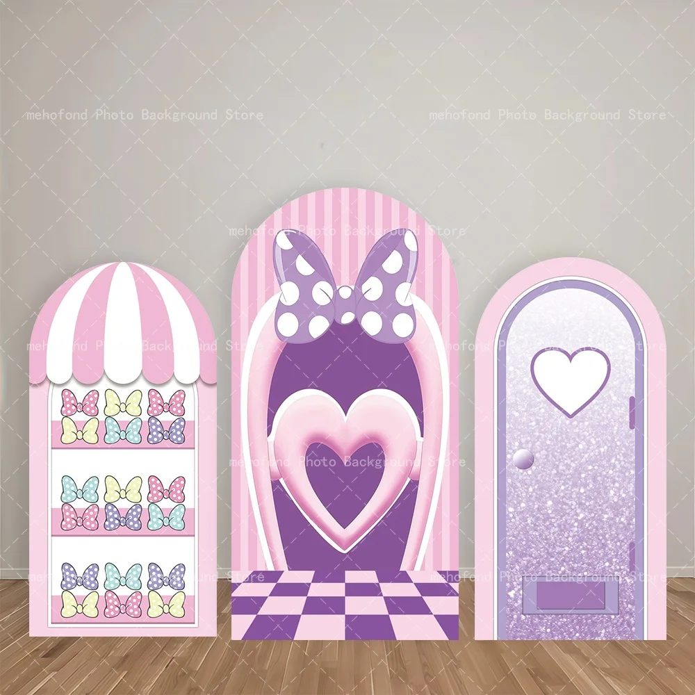 Mehofond Sweet Girl Feeling Bow Shop Arch Backdrop Checkerboard Tiles Heart-Shaped Hollow Decoration Birthday Party Background