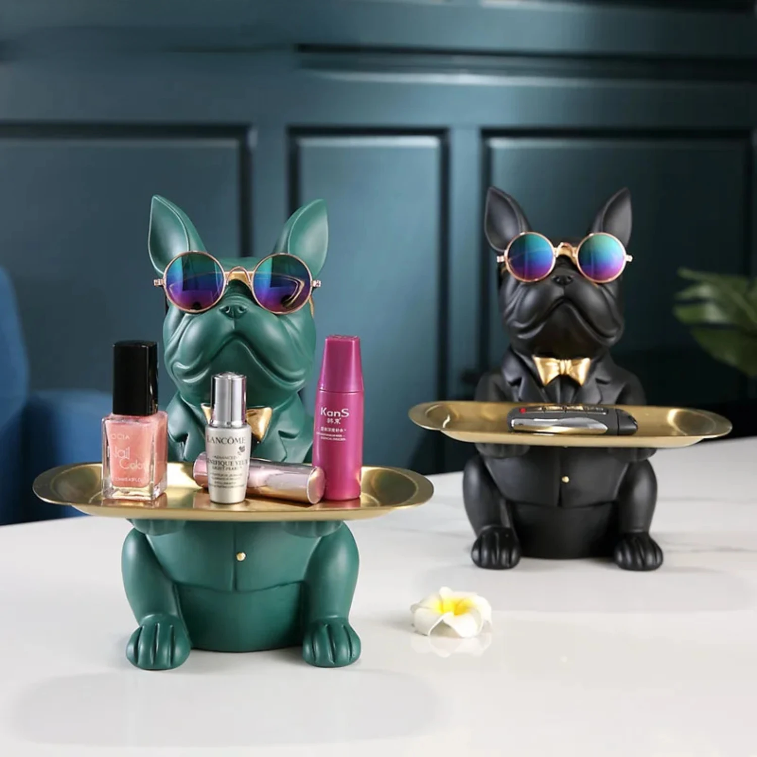 

Nordic French Bulldog Sculpture Dog Figurine Statue Key Jewelry Storage Table Decoration Gift With Plate Glasses