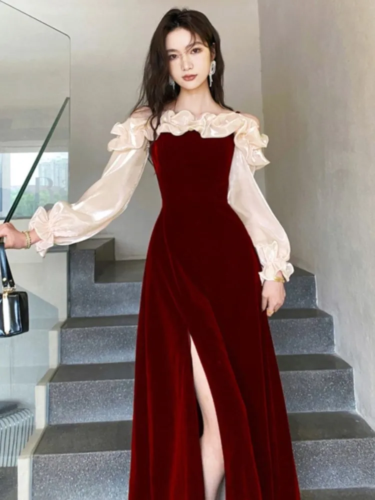 Elegancka czerwona sukienka wieczorowa z marszczeniami na szyi dla kobiet Puff Sleeve Off Shoulder Split Wedding Prom Robe Female Vestidos