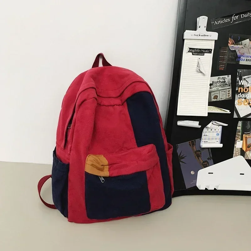 Retro Lazy Casual Canvas Backpack 2024 New Ins Contrasting Color Student Lightweight Backpack