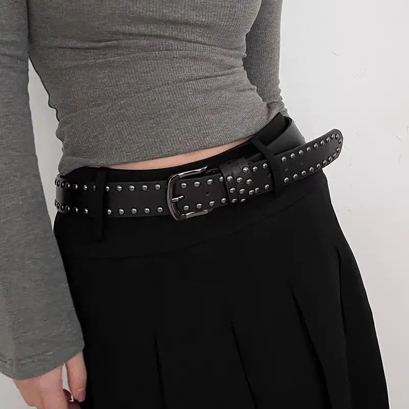 

New Rivet Black Belt Punk Style Needle Buckle Belt Fashion Leather Studded Goth Rock Wild Adjustable Women Decoration Belts