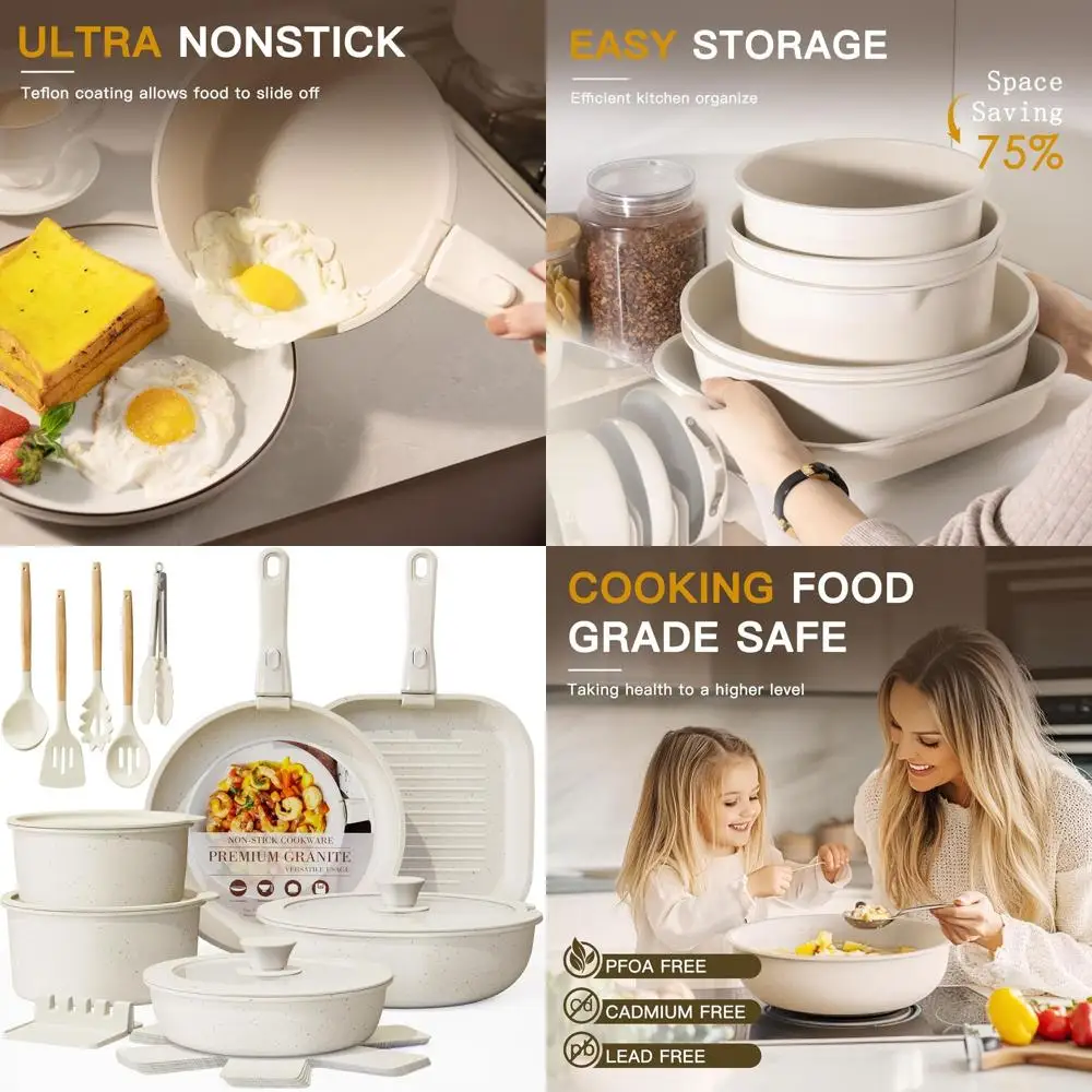 

Ceramic Non-Stick 23-Piece Cookware Set with Detachable Handles, RV-Friendly Stackable Design, Oven Safe, Induction Compatible,