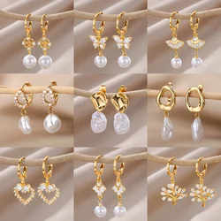 Zircon Pearl Earrings For Women 2023 Trending Stainless Steel Gold Color Drop Earring Wedding Party Luxury Jewelry Bijoux Femme