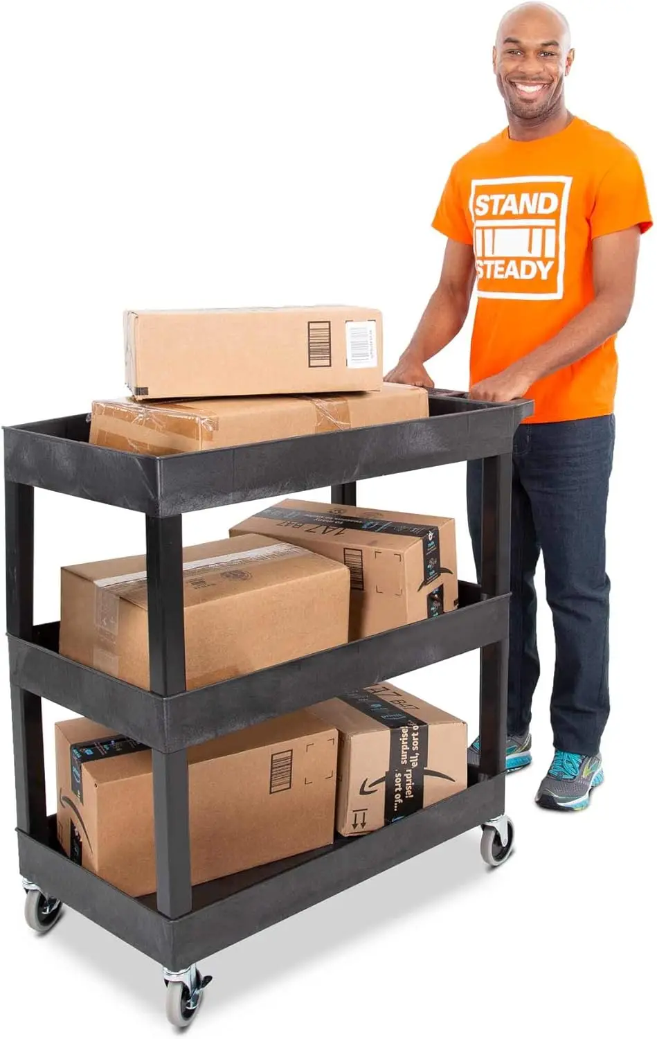 3 Shelf Utility Push Cart Supports Up to 300 lbs - Heavy-Duty Plastic Service Cart Great for Offices, Warehouse Storage, Garage