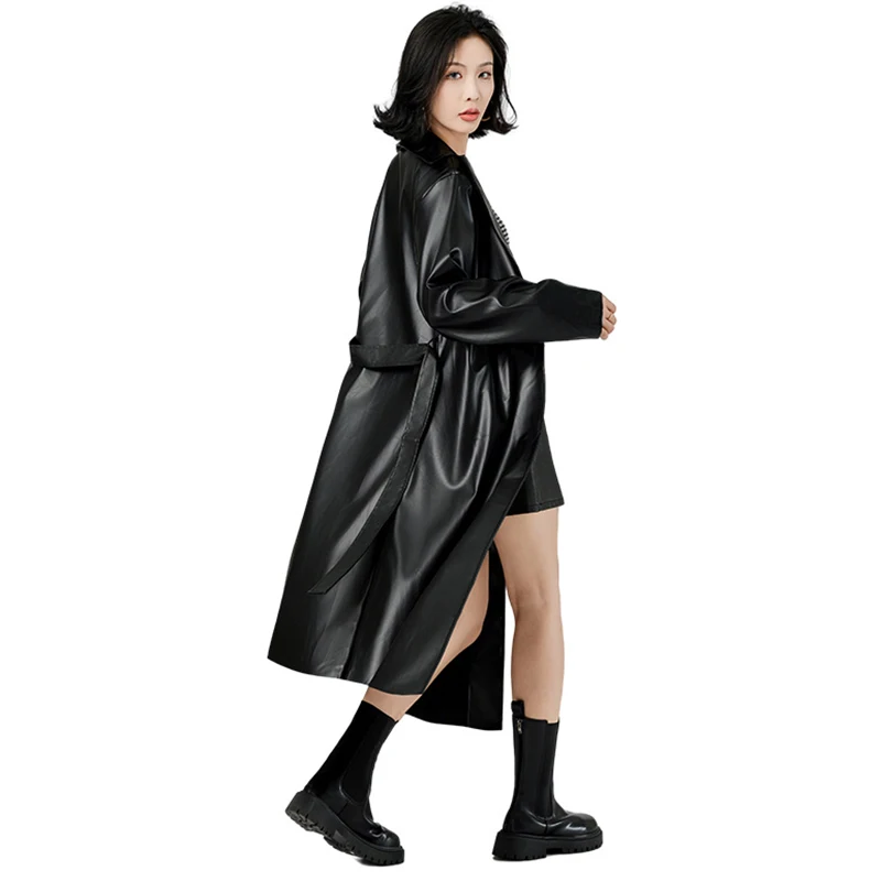 المرأة الشارع الشهير سترة واقية سوداء التعادل بولي سترات سترات من الجلد للنساء خريف شتاء يندبروف أنوراكس خندق معطف للنساء #6
