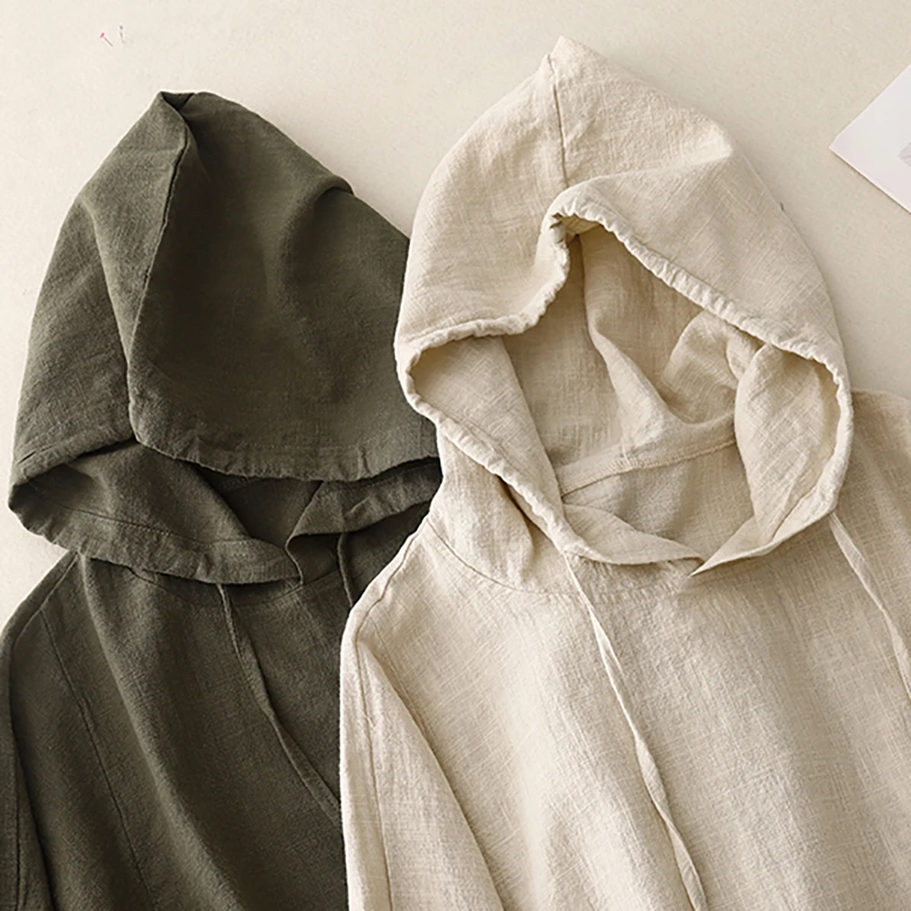 Early Autumn Thin Cotton Linen Hoodies for Women Casual Solid All-Match Loose Hooded Pullover Full Sleeve Drawstring Sweatshirts