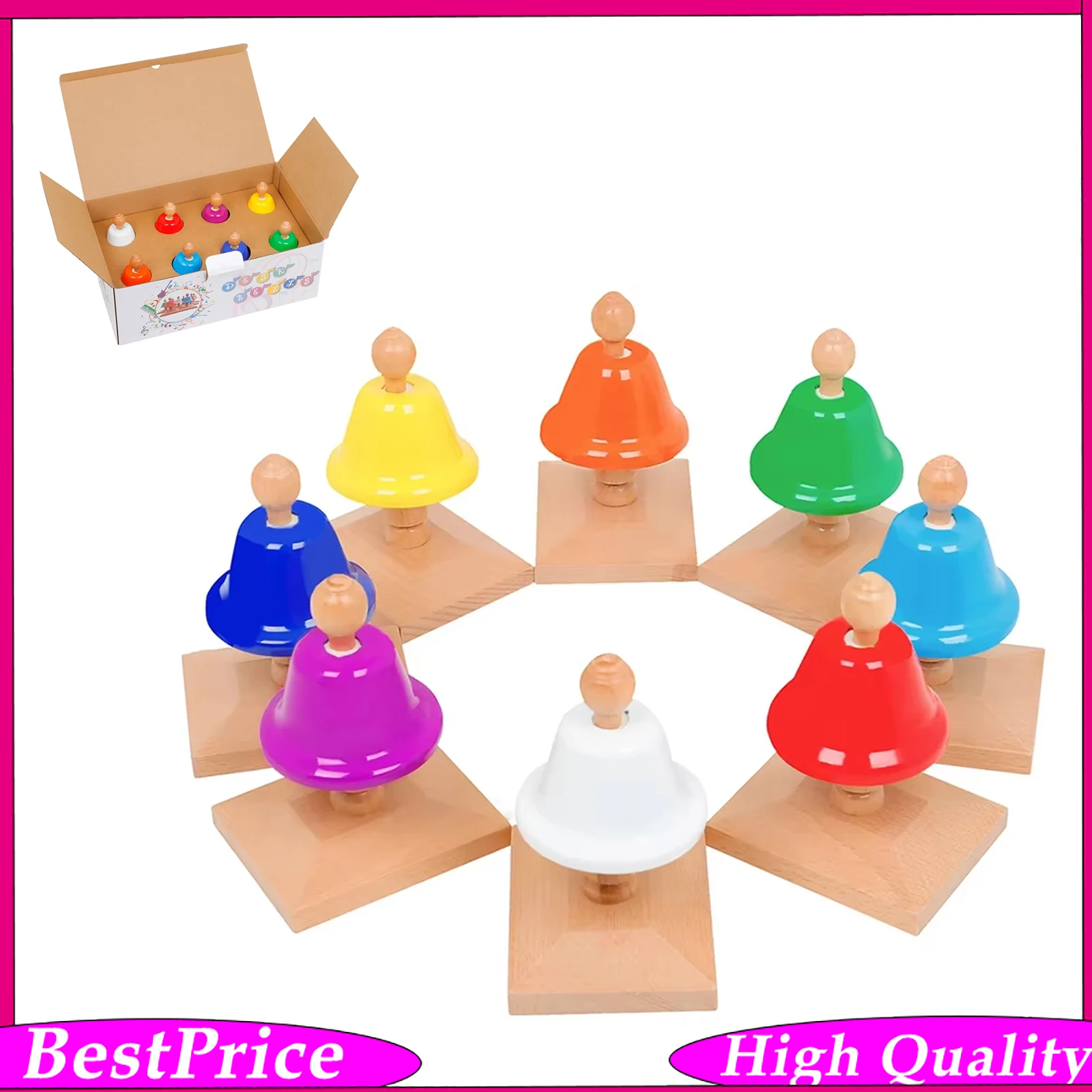 8 Tone Colorful Class Bell Woodstock Class Bell Beech Wood Handbell Hand Bell Kids Musical Instrument Toys Early Education Gift