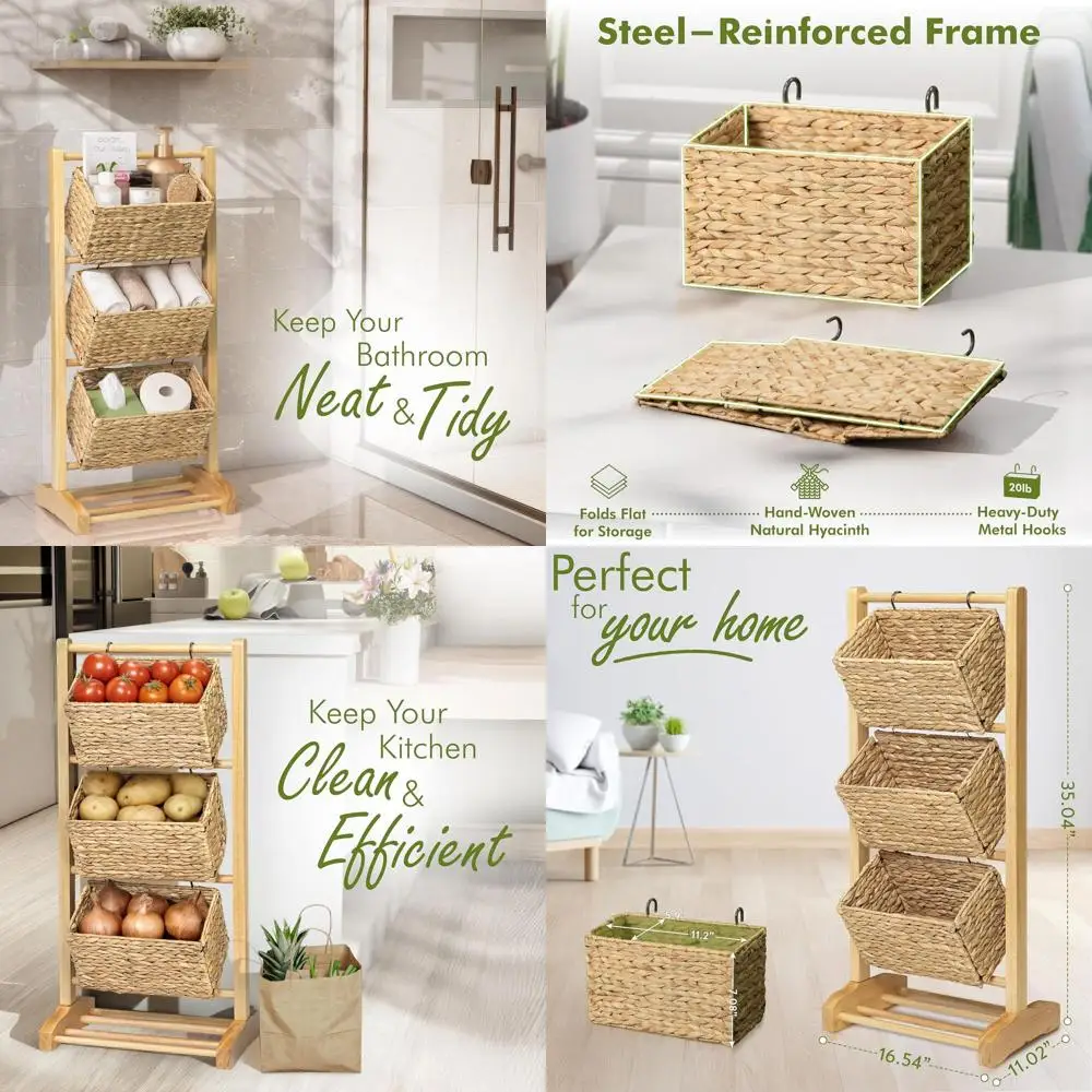 

Natural 3-Tier Rattan Shelf with Woven Baskets - Boho Decor, Storage for Home, Kitchen, and Living Room