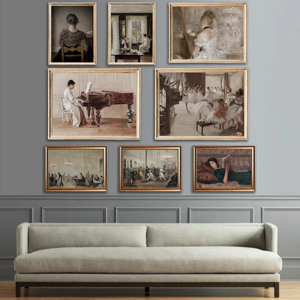 Pintura de cafetería antigua, Bar Vintage, estampado de bailarina, retrato francés, mujer jugando al Piano, pintura de mascarada, decoración para sala de estar