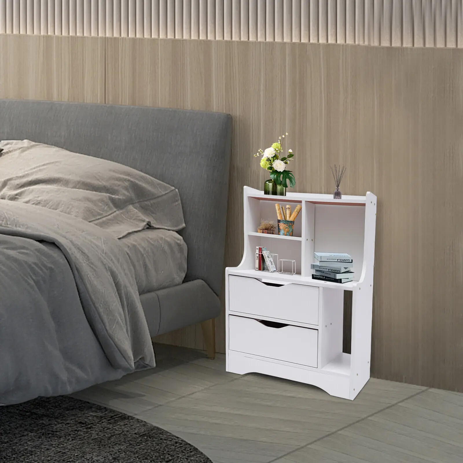 2-Drawer Nightstand with Storage Shelf Retro Side Table Bedside Furniture Books Storage Stand for Living Room Bedroom White