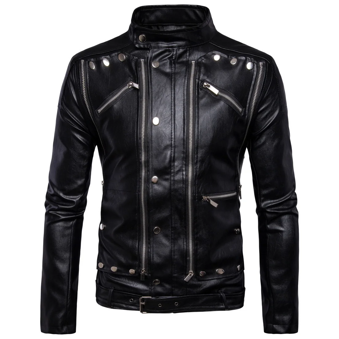 

Men's PU Leather Jacket Multiple Zippers Fashion Personality Motorcycle Faux Coat Windproof Outwear Male